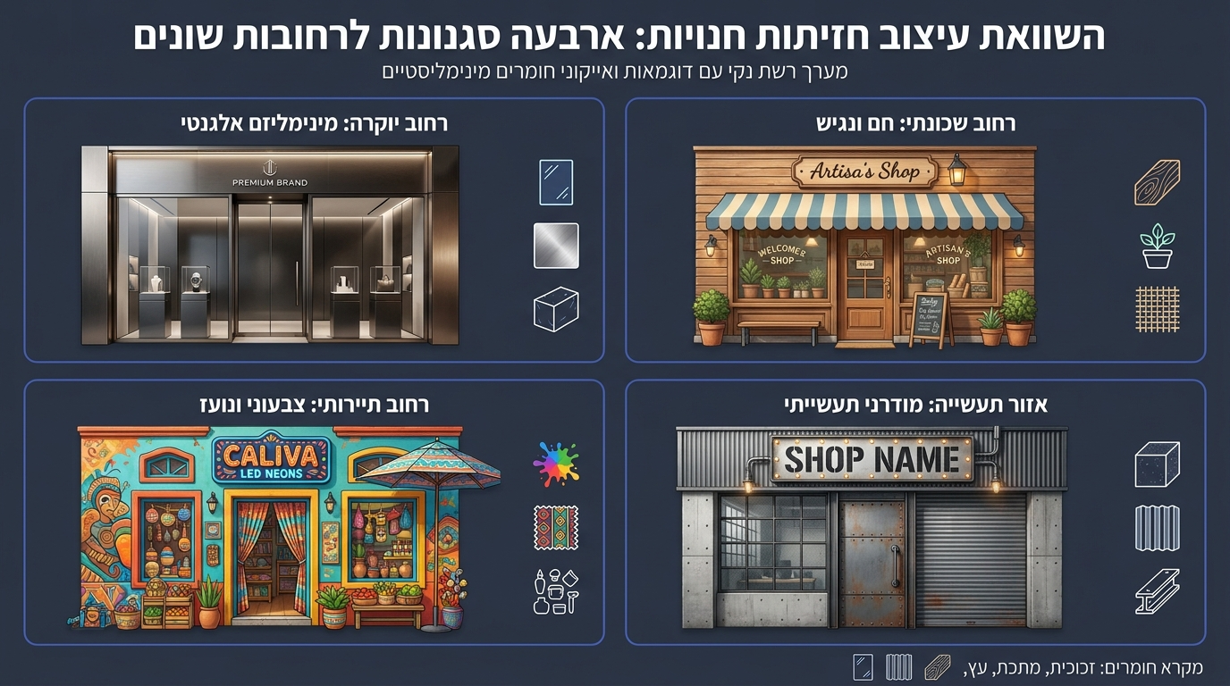 השוואת סגנונות חזית לפי סוג רחוב - טבלה ויזואלית המציגה סגנונות עיצוב שונים לרחובות שונים