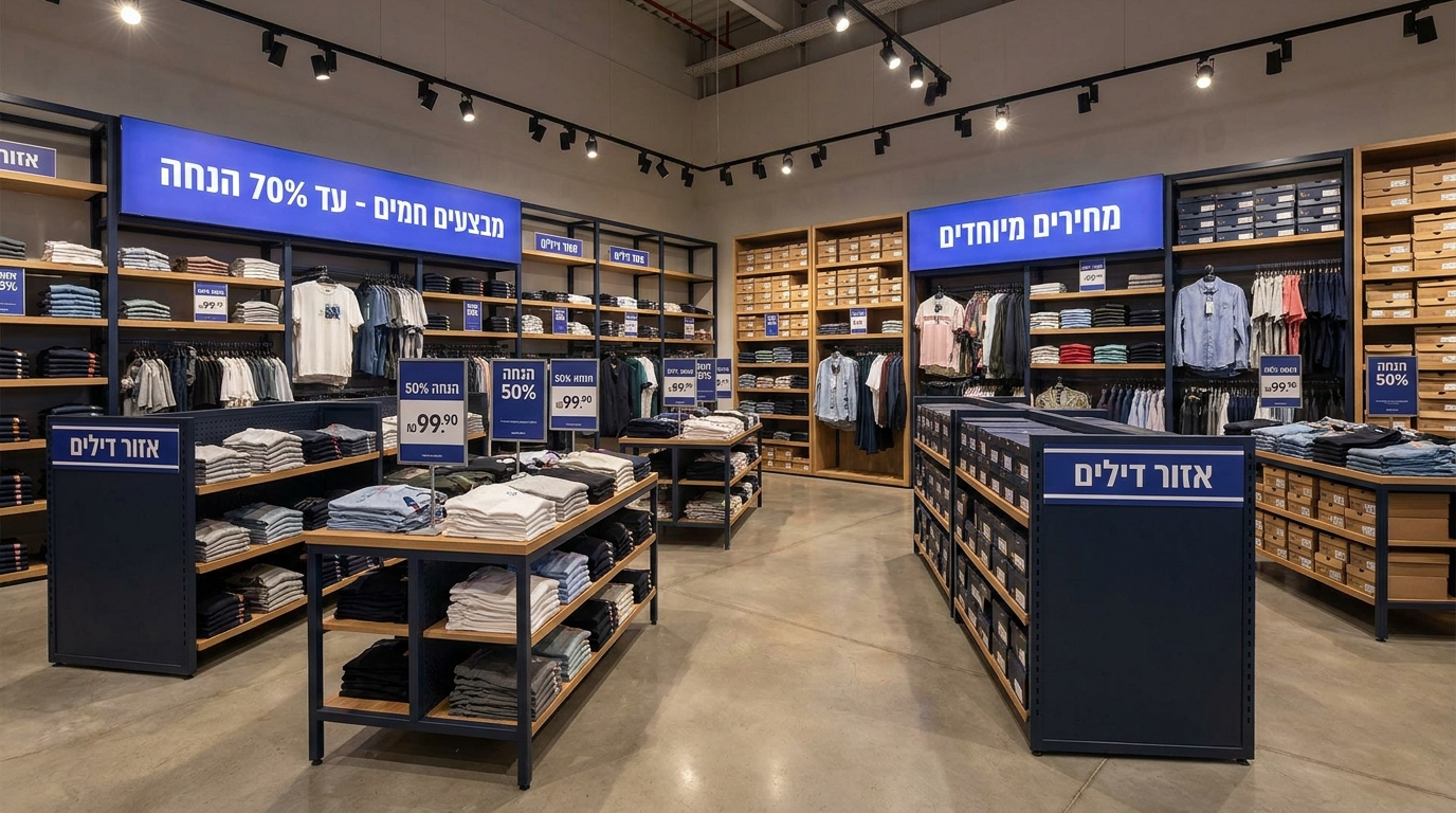 תכנון חנות מחסן משולבת באזור תעשייה עם חלוקה לאזורי תצוגה ותפעול
