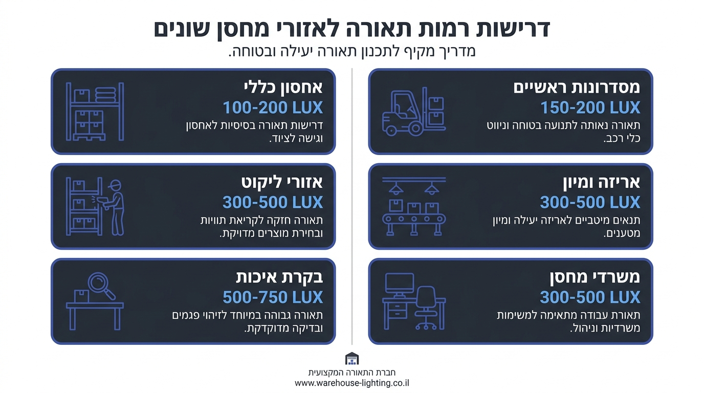 טבלת לוקס מומלץ לאזורים שונים במחסן מסחרי